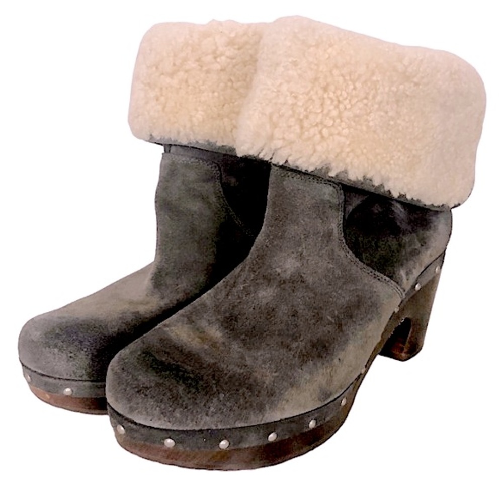 LYNNEA UGG Grey Suede Shearling Wooden Platform Boot